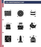 Happy Independence Day 4th July Set of 9 Solid Glyphs American Pictograph of usa independence sausage cake shop Editable USA Day Vector Design Elements