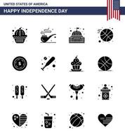 16 signos de glifos sólidos para el día de la independencia de EE. UU. maony edificio americano deportes baloncesto elementos de diseño vectorial editables del día de EE. UU. vector
