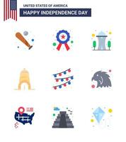 Happy Independence Day Pack of 9 Flats Signs and Symbols for party decoration usa sign building space Editable USA Day Vector Design Elements