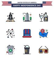 Flat Filled Line Pack of 9 USA Independence Day Symbols of american firework usa glass american Editable USA Day Vector Design Elements