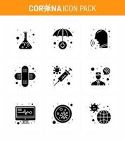 Coronavirus Prevention Set Icons 9 Solid Glyph Black icon such as vaccine flu nose injury aid viral coronavirus 2019nov disease Vector Design Elements