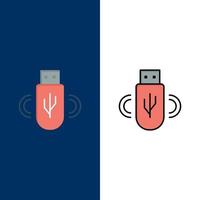 iconos de almacenamiento de datos compartidos usb conjunto de iconos planos y rellenos de línea vector fondo azul