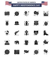 feliz día de la independencia 4 de julio conjunto de 25 pictogramas americanos de glifo sólido de la fiesta de la cometa del arco de la puerta celebrar elementos de diseño vectorial del día de estados unidos editables vector