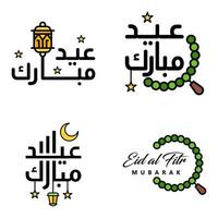 paquete vectorial de letras manuscritas de eid mubarak de 4 caligrafías con estrellas aisladas en fondo blanco para su diseño vector