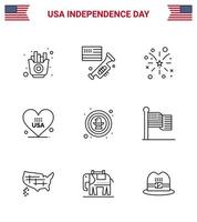 9 señales de línea para el día de la independencia de EE. UU. Pájaro EE. UU. Fuegos artificiales Corazón americano Editable Día de EE. UU. Elementos de diseño vectorial vector