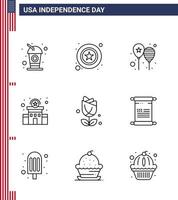 9 Line Signs for USA Independence Day flower station balloons police america flag Editable USA Day Vector Design Elements