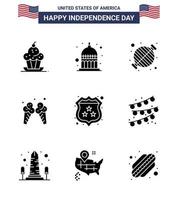USA Independence Day Solid Glyph Set of 9 USA Pictograms of american ice usa icecream grill Editable USA Day Vector Design Elements