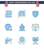Pack of 9 creative USA Independence Day related Blues of muffin cake american helmet american Editable USA Day Vector Design Elements