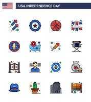 Happy Independence Day Pack of 16 Flat Filled Lines Signs and Symbols for american party backetball decoration american Editable USA Day Vector Design Elements