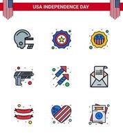 Pack of 9 USA Independence Day Celebration Flat Filled Lines Signs and 4th July Symbols such as greeting email security shoot fire Editable USA Day Vector Design Elements