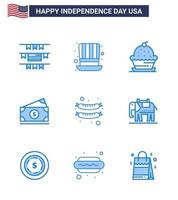 4th July USA Happy Independence Day Icon Symbols Group of 9 Modern Blues of frankfurter usa dessert amearican dollar Editable USA Day Vector Design Elements