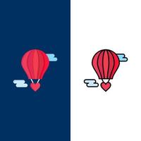 globo volador globo caliente amor iconos de san valentín plano y conjunto de iconos llenos de línea vector fondo azul