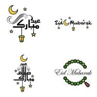 paquete moderno de 4 ilustraciones vectoriales de saludos deseos para el festival islámico eid al adha eid al fitr linterna de luna dorada con hermosas estrellas brillantes vector