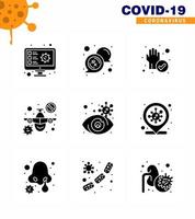 CORONAVIRUS 9 Solid Glyph Black Icon set on the theme of Corona epidemic contains icons such as eye travel rx prohibit cleaned viral coronavirus 2019nov disease Vector Design Elements