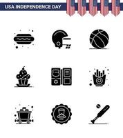 USA Independence Day Solid Glyph Set of 9 USA Pictograms of shield thanksgiving ball sweet dessert Editable USA Day Vector Design Elements
