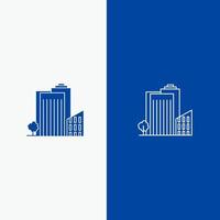 edificio construir dormitorio torre bienes raíces línea y glifo icono sólido bandera azul línea y glifo icono sólido bandera azul vector