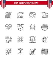 Happy Independence Day USA Pack of 16 Creative Lines of heart usa united sight landmark Editable USA Day Vector Design Elements
