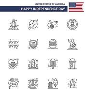 Modern Set of 16 Lines and symbols on USA Independence Day such as festival sign united drink weapon Editable USA Day Vector Design Elements