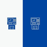 Atm Bank Cash Cashpoint Dispenser Finance Machine Money Line and Glyph Solid icon Blue banner Line and Glyph Solid icon Blue banner vector