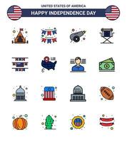 Set of 16 Vector Flat Filled Lines on 4th July USA Independence Day such as buntings star army movies chair Editable USA Day Vector Design Elements