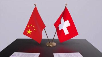 Switzerland and China flag 3D background. Politics illustration. Deal, agreement animation. Signing paper video