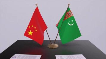 fundo 3d da bandeira do turquemenistão e da china. ilustração de política. negócio, animação de acordo. papel de assinatura video