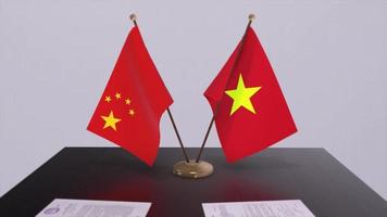 fundo 3d da bandeira do vietnã e da china. ilustração de política. negócio, animação de acordo. papel de assinatura video