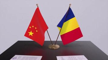 fundo 3d da bandeira da romênia e da china. ilustração de política. negócio, animação de acordo. papel de assinatura video