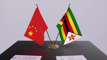 zimbabwe och Kina flagga 3d bakgrund. politik illustration. handla, avtal animation. signering papper video