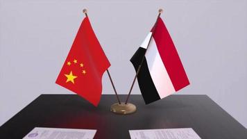 Yemen and China flag 3D background. Politics illustration. Deal, agreement animation. Signing paper video