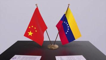 Venezuela and China flag 3D background. Politics illustration. Deal, agreement animation. Signing paper video