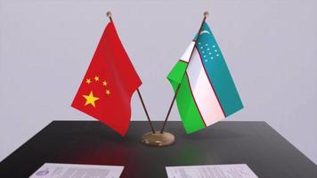 Uzbekistan and China flag 3D background. Politics illustration. Deal, agreement animation. Signing paper video