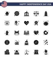 25 USA Solid Glyph Pack of Independence Day Signs and Symbols of building scale bank law court Editable USA Day Vector Design Elements