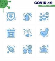 9 Blue Set of corona virus epidemic icons such as water drop soap prohibit hand online viral coronavirus 2019nov disease Vector Design Elements