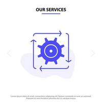 nuestros servicios flujo de trabajo automatización desarrollo flujo operación icono de glifo sólido plantilla de tarjeta web vector