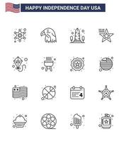 Happy Independence Day Pack of 16 Lines Signs and Symbols for kite flag landmark american washington Editable USA Day Vector Design Elements