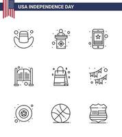 Happy Independence Day Pack of 9 Lines Signs and Symbols for bag day star saloon bar Editable USA Day Vector Design Elements