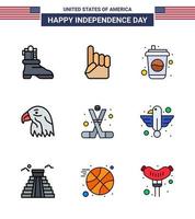Happy Independence Day USA Pack of 9 Creative Flat Filled Lines of sports hockey cola usa bird Editable USA Day Vector Design Elements