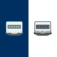 Laptop Computer Lock Security  Icons Flat and Line Filled Icon Set Vector Blue Background