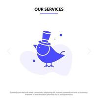 Our Services Bird Fly Pet Sparrow Solid Glyph Icon Web card Template vector