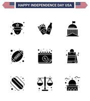 Pack of 9 creative USA Independence Day related Solid Glyphs of date american green american ball rugby Editable USA Day Vector Design Elements