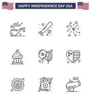 Group of 9 Lines Set for Independence day of United States of America such as balloons sweet firework muffin cake Editable USA Day Vector Design Elements