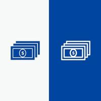 dólar dinero línea de efectivo y glifo icono sólido línea de banner azul y glifo icono sólido banner azul vector