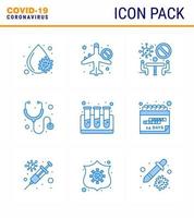 Coronavirus Prevention Set Icons 9 Blue icon such as test stethoscope airoplan medical team viral coronavirus 2019nov disease Vector Design Elements