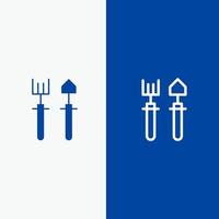 Garden Gardener Rake Shovel Line and Glyph Solid icon Blue banner Line and Glyph Solid icon Blue banner vector