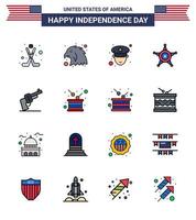 feliz día de la independencia paquete de estados unidos de 16 líneas planas llenas creativas de estrella de pistola de oficial de mano estadounidense elementos de diseño de vector de día de estados unidos editables