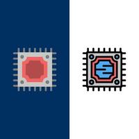 iconos de procesador de microchip cpu conjunto de iconos planos y rellenos de línea vector fondo azul