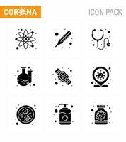 Corona virus 2019 and 2020 epidemic 9 Solid Glyph Black icon pack such as location twenty medical seconds laboratory viral coronavirus 2019nov disease Vector Design Elements