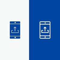 Application Mobile Mobile Application Smartphone Upload Line and Glyph Solid icon Blue banner Line and Glyph Solid icon Blue banner vector