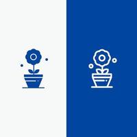 crecimiento de la planta línea de flores y glifo icono sólido banner azul vector